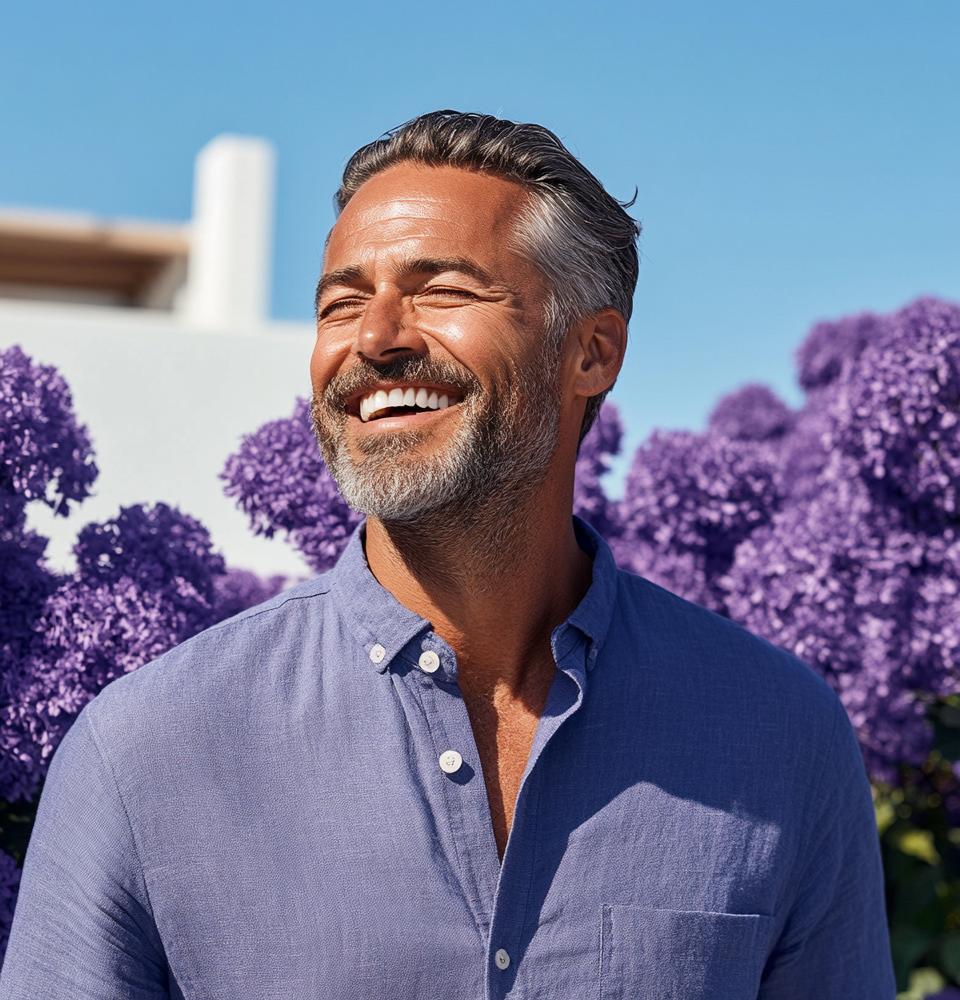 Man in a blue shirt standing in front of purple flowers with a clear blue sky.