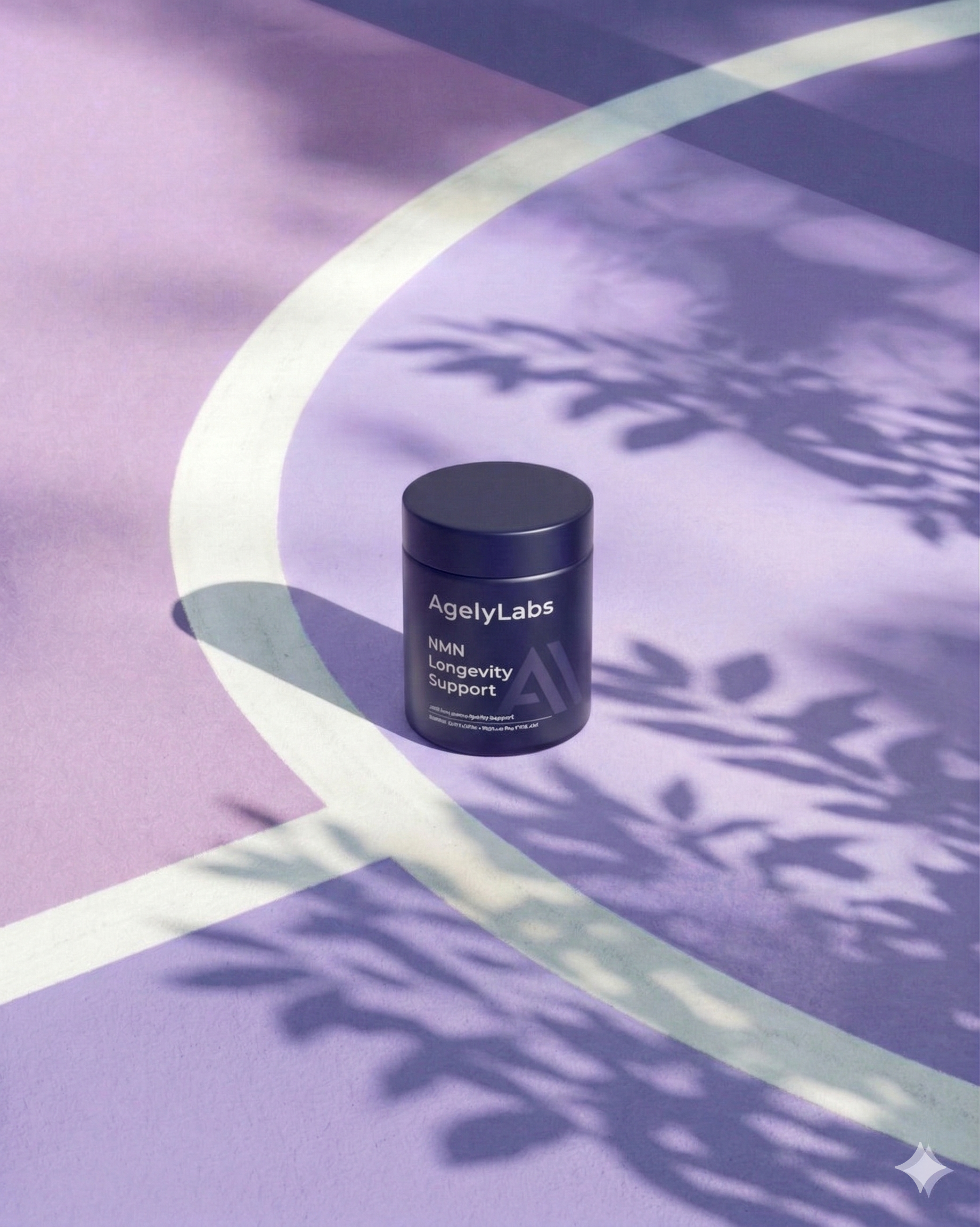 Blue container labeled 'AgelyLabs' on a purple background with leaf shadows