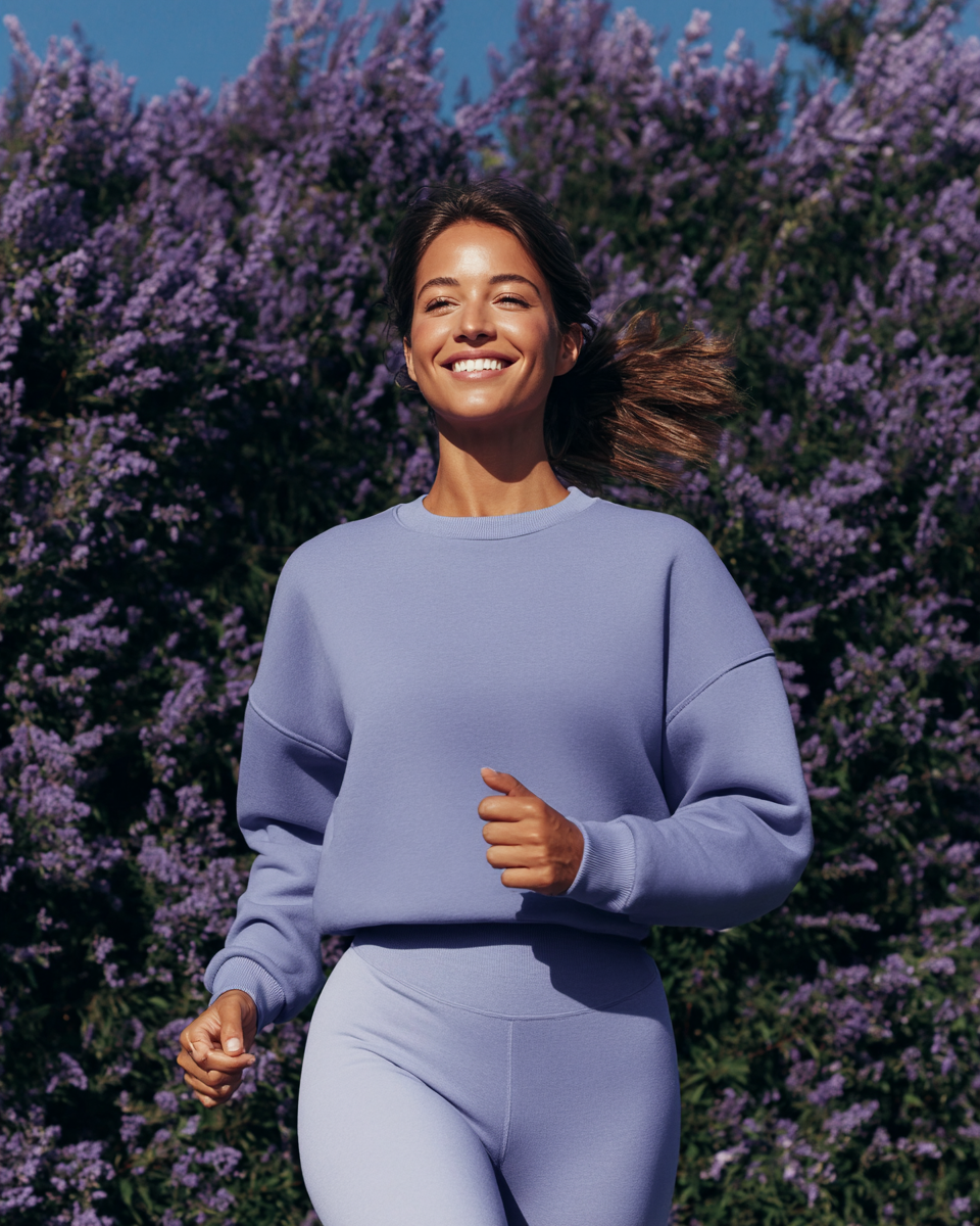 Woman in a purple outfit running in front of a field of purple flowers